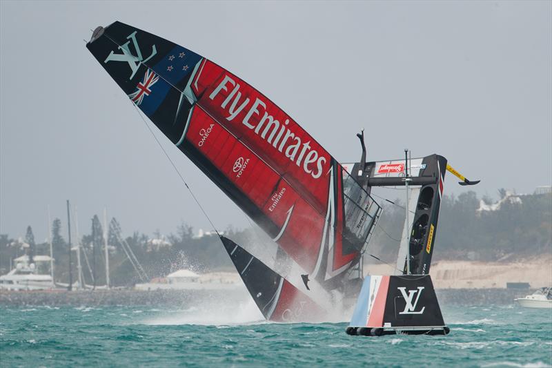 Emirates Team New Zealand capsize on the second day of the Louis Vuitton America's Cup Challenger Playoffs photo copyright Richard Hodder / ETNZ taken at  and featuring the AC50 class