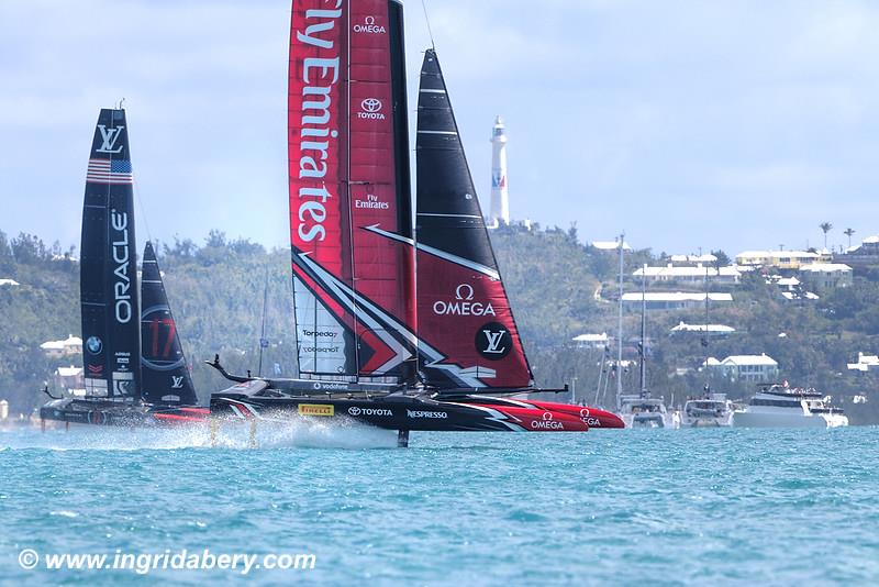 Emirates Team New Zealand dominate ORACLE TEAM USA on day 1 of the 35th America's Cup Match photo copyright Ingrid Abery / www.ingridabery.com taken at  and featuring the AC50 class