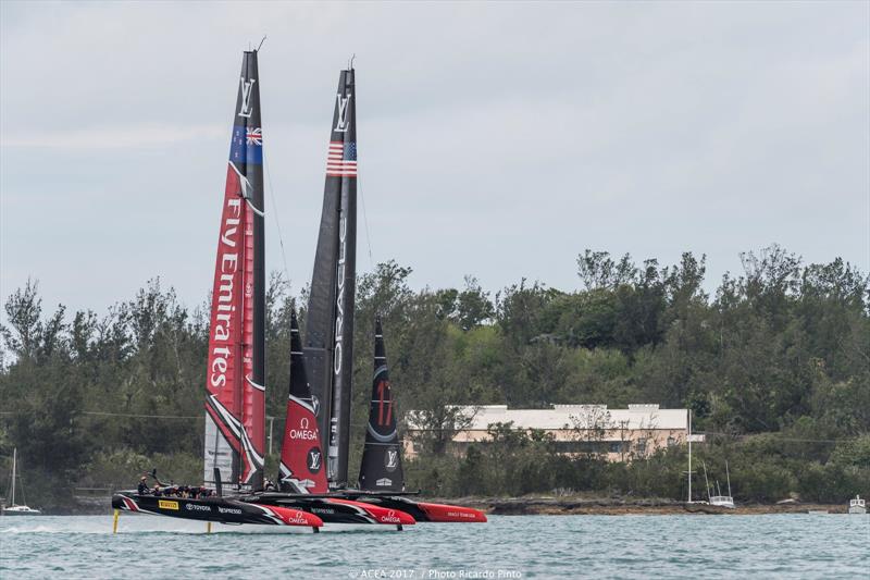 Tight racing between ORACLE TEAM USA and Emirates Team New Zealand on day 3 of the 35th America's Cup Match photo copyright ACEA 2017 / Ricardo Pinto taken at  and featuring the AC50 class