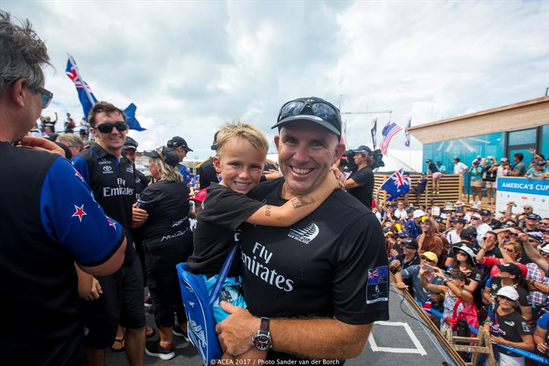 Ray Davies celebrates as Emirates Team New Zealand win the 35th America's Cup Match photo copyright ACEA 2017 / Sander van der Borch taken at  and featuring the AC50 class