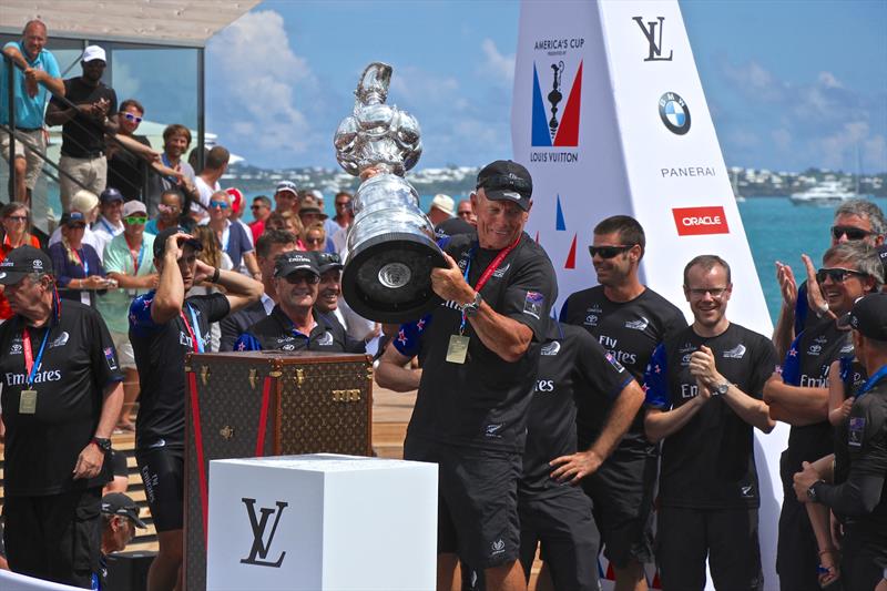 Grant Dalton holds the America's Cup for the first time after ETNZ's win in Bermuda - photo © Richard Gladwell