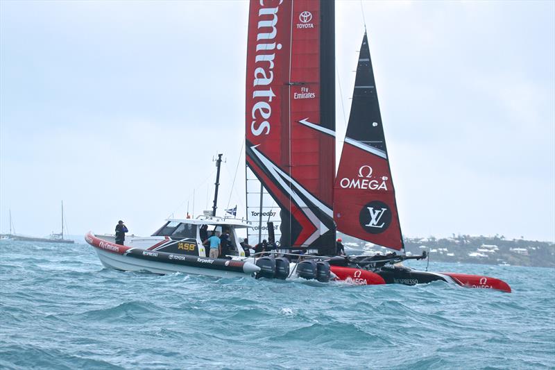 Emirates Team NZ sideslip their AC50 back to base in 20kts after the pitchpole in Bermuda - photo © Richard Gladwell