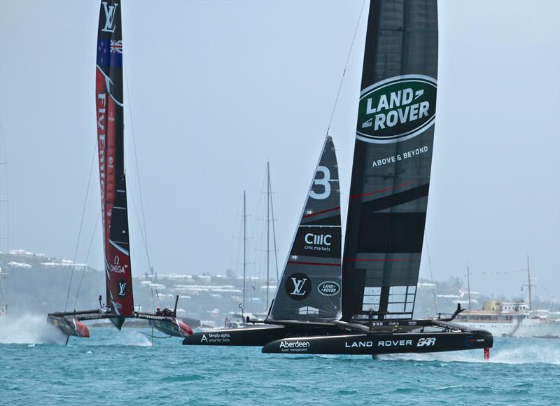 Land Rover BAR enjoys a rare moment crossing ahead of Emirates Team NZ on Day 3 of the Semi-Finals - photo © Richard Gladwell