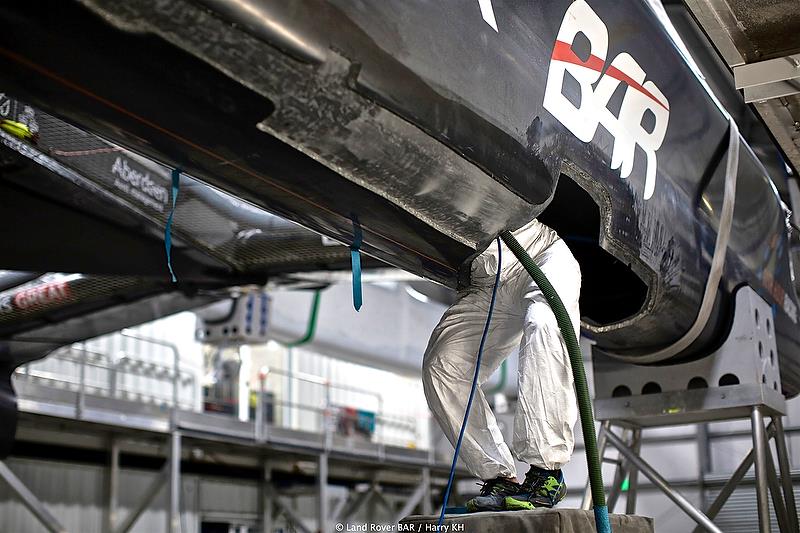 Land Rover BAR's shore crew performed a herculean repair after the collision with Softbank Team Japan - America's Cup Qualifier- Day 1 photo copyright Harry KH / Land Rover BAR taken at  and featuring the AC50 class