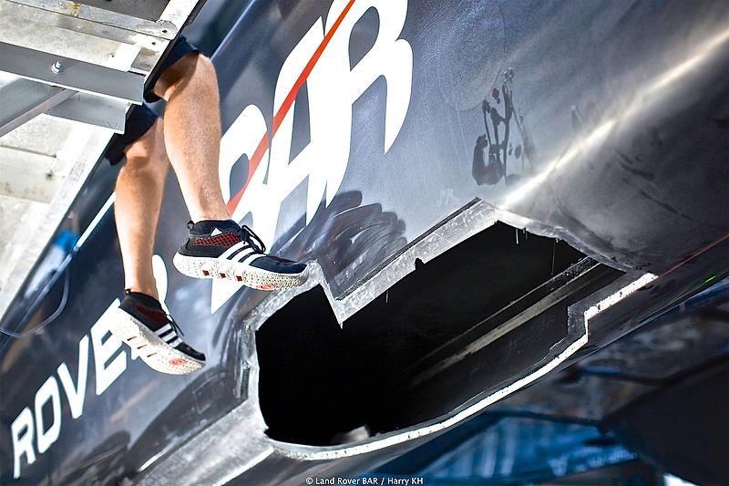 Land Rover BAR's shore crew performed a herculean repair after the collision with Softbank Team Japan - America's Cup Qualifier- Day 1 - photo © Harry KH / Land Rover BAR