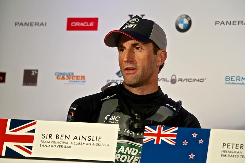 Ben Ainslie explaining the collision - Qualifiers - Day 1, 35th America's Cup, Bermuda, May 27, 2017 photo copyright Richard Gladwell taken at  and featuring the AC50 class