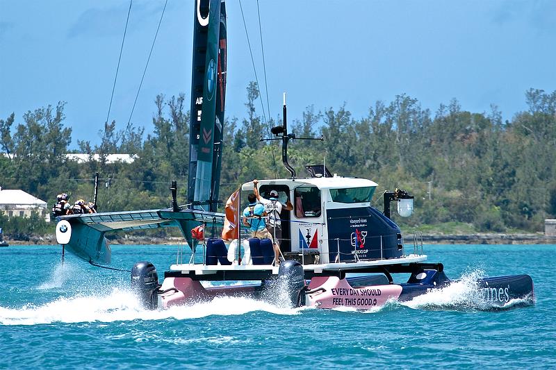 Camera boat - Race 1 - Qualifiers - Day 1, 35th America's Cup, Bermuda, May 27, 2017 photo copyright Richard Gladwell taken at  and featuring the AC50 class