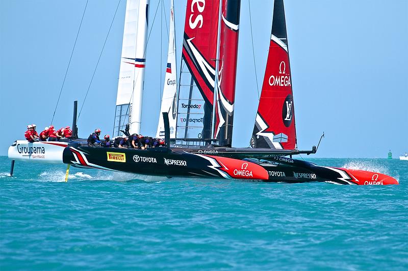 Emirates Team NZ and Groupama Team France - Race 3 - Qualifiers - Day 1, 35th America's Cup, Bermuda, May 27, 2017 photo copyright Richard Gladwell taken at  and featuring the AC50 class