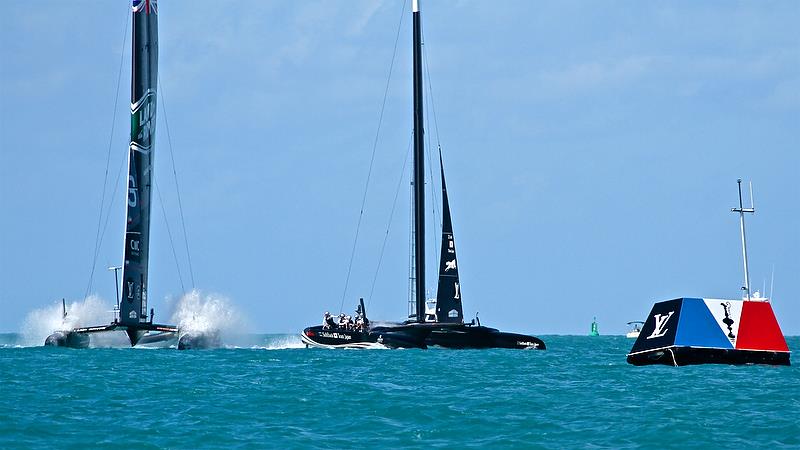 Land Rover BAR just after boarding Softbank Team Japan - Start of Race 6 - Qualifiers - Day 1, 35th America's Cup, Bermuda, May 27, 2017 - photo © Richard Gladwell