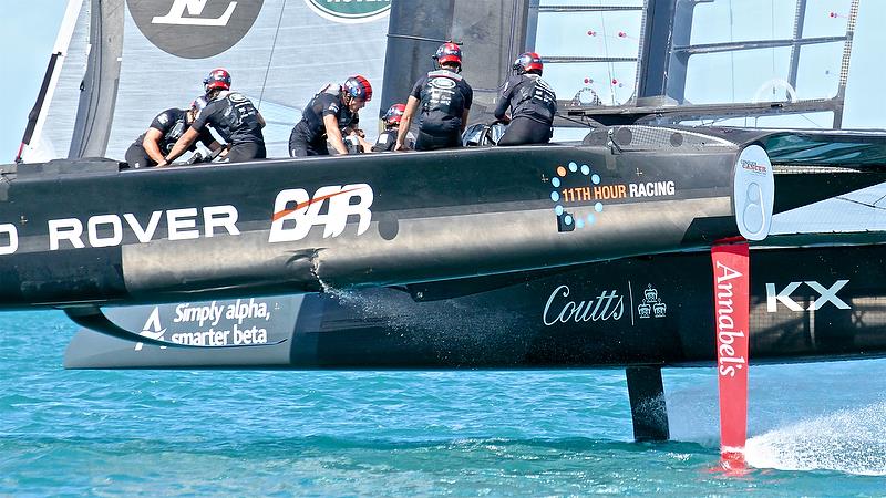 Damage to port hull Land Rover BAR - Race 6 Qualifiers - Day 1, 35th America's Cup, Bermuda, May 27, 2017Qualifiers - Day 1, 35th America's Cup, Bermuda, May 27, 2017 - photo © Richard Gladwell