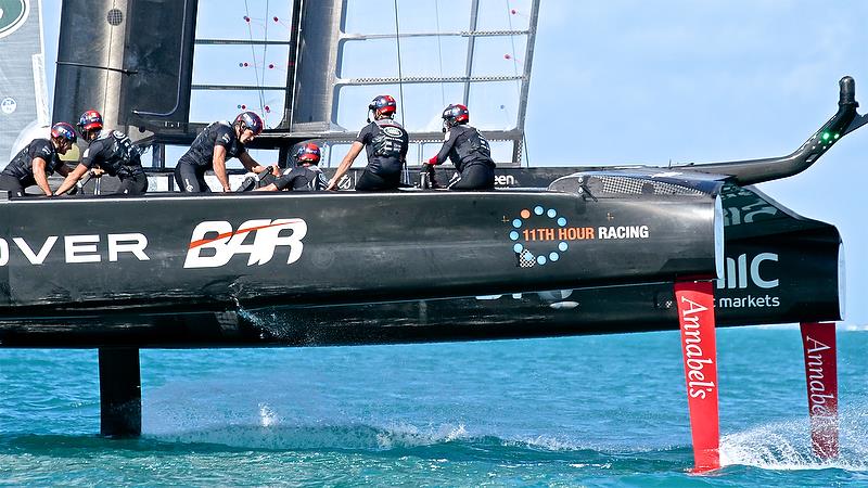 Damage to port hull Land Rover BAR - Race 6 Qualifiers - Day 1, 35th America's Cup, Bermuda, May 27, 2017 photo copyright Richard Gladwell taken at  and featuring the AC50 class