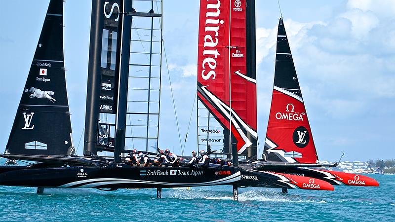 Mark 3 - Race 9 - Softbank Team Japan crosses ahead off Emirates Team New Zealand - 35th America's Cup - Bermuda May 27, 2017 photo copyright Richard Gladwell taken at  and featuring the AC50 class