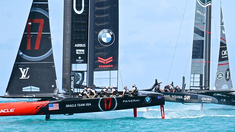 OTUSA crosses ahead of Land Rover BAR at Mark 3, Race 8 - America's Cup Qualifier - Day 2, May 28, 2017 photo copyright Richard Gladwell taken at  and featuring the AC50 class