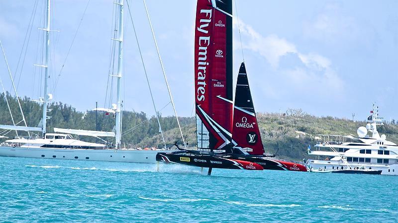 Emirates Team NZ passes the super yachts - Race 9 - America's Cup Qualifier - Day 2, May 28, 2017 photo copyright Richard Gladwell taken at  and featuring the AC50 class