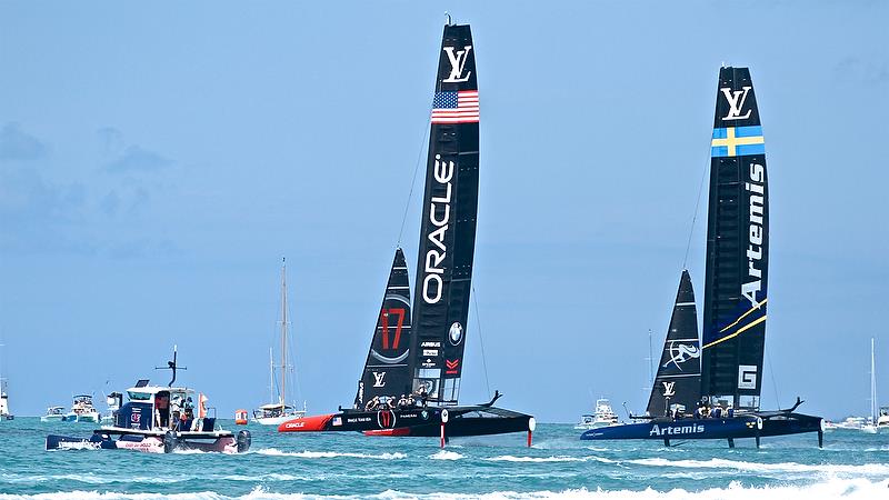 Artemis Racing sets up outside of Oracle Team USA - Leg 2 - Race 10 - America's Cup Qualifier - Day 2, May 28, 2017 photo copyright Richard Gladwell taken at  and featuring the AC50 class
