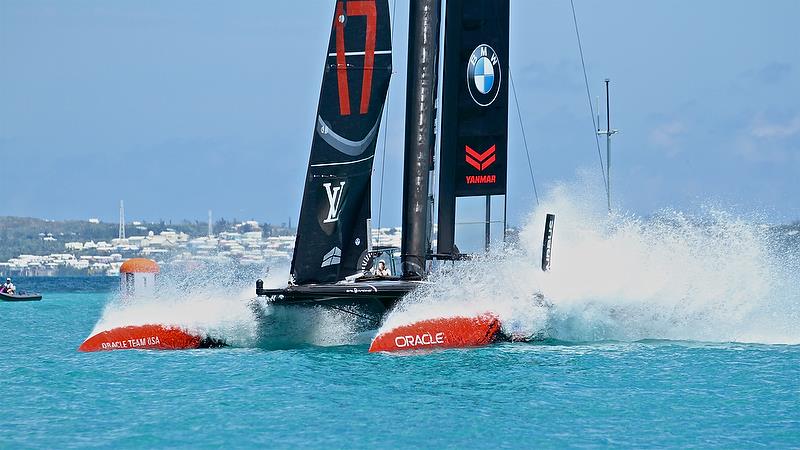 Race 8 - Oracle Team USA celebrates a win in Race 8 with a finish line wheelie - 35th America's Cup - Bermuda May 27, 2017 photo copyright Richard Gladwell taken at  and featuring the AC50 class