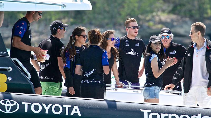 Emirates Team NZ's Principal Matteo de Nora (blue sunglasses) with friends and family aboard his RIB at the finish of Race 9 - America's Cup Qualifier - Day 2, May 28, 2017 photo copyright Richard Gladwell taken at  and featuring the AC50 class