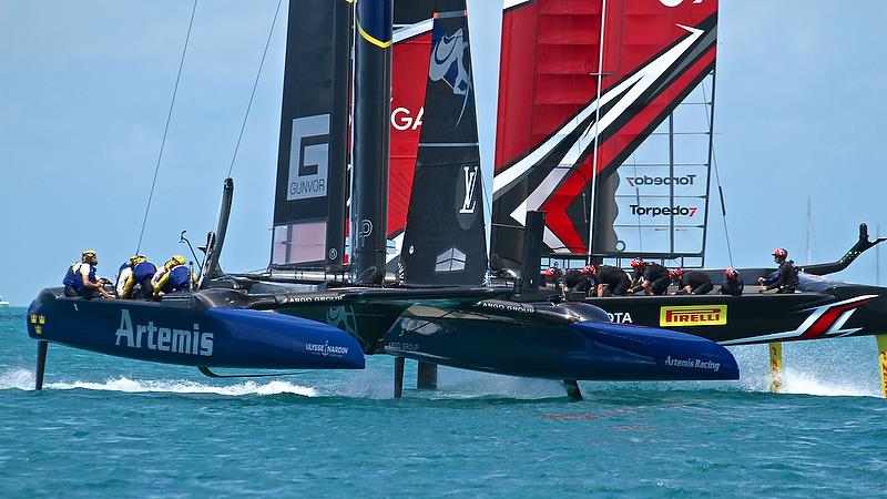 Emirates Team NZ crosses astern of Artemis Racing - Race 14 - Round Robin 1 -America's Cup Qualifier - Day 3, May 29, 2017 - photo © Richard Gladwell