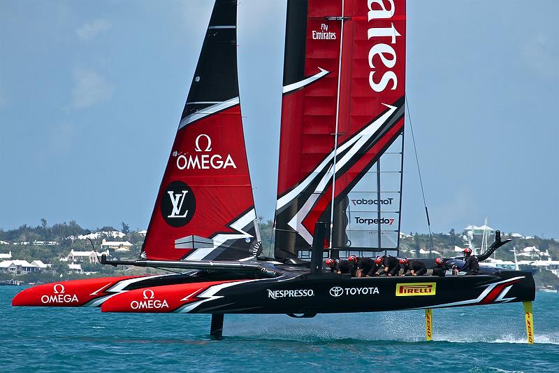 Emirates Team New Zealand flies low over the Great Sound - Race 14 - America's Cup Qualifier 1 - Day 3, May 29, 2017 photo copyright Richard Gladwell taken at  and featuring the AC50 class
