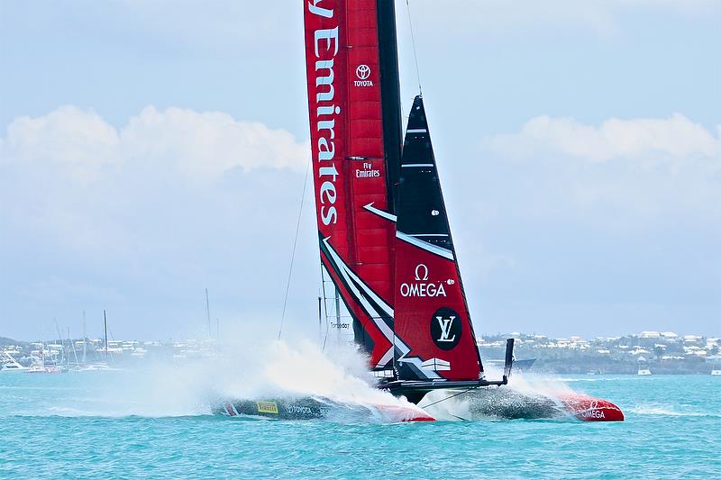 Emirates Team New Zealand slows at the end of of Leg 7, Round Robin 1, America's Cup Qualifier - Day 3, May 29, 2017 photo copyright Richard Gladwell taken at  and featuring the AC50 class