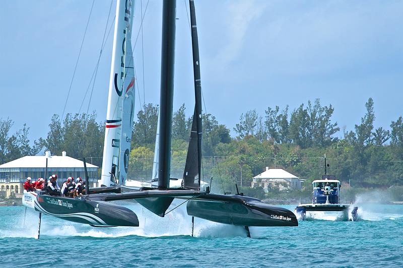 Softbank Team Japan leads Groupama Team France - start - Race 15 - America's Cup Qualifier - Day 3, May 29, 2017 - photo © Richard Gladwell