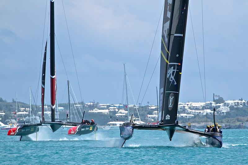 Penalised Artemis Racing slows as Emirates Team NZ passes to leeward - Leg 7, Race 14 - Round Robin 1 -America's Cup Qualifier - Day 3, May 29, 2017 photo copyright Richard Gladwell taken at  and featuring the AC50 class