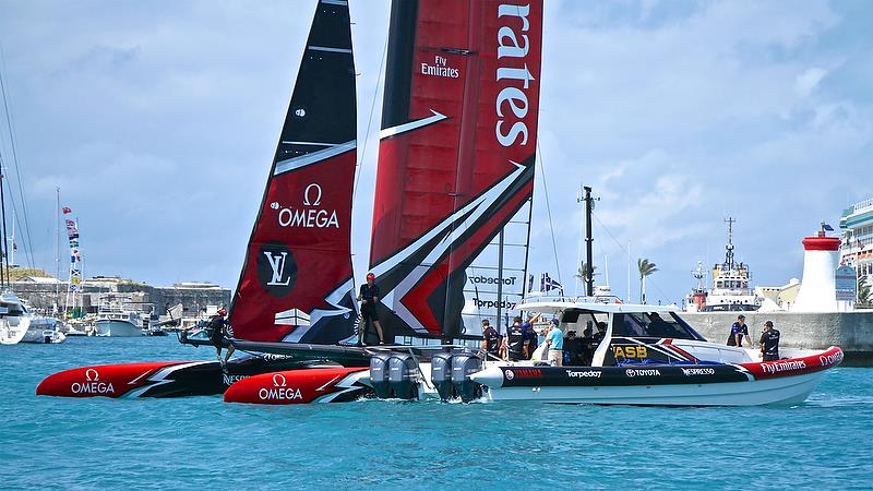 Emirates Team New Zealand setting up for the process known as `side-slipping` necessary to dock the AC50's - America's Cup Qualifier - Day 3, May 29, 2017 photo copyright Richard Gladwell taken at  and featuring the AC50 class