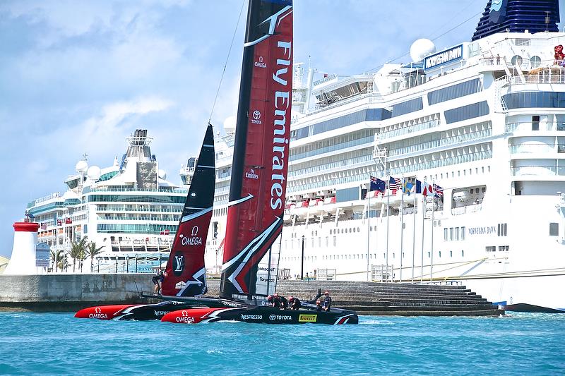 Emirates Team New Zealand enters the Royal Dockyard after racing in the America's Cup Qualifier - Day 3, May 29, 2017 photo copyright Richard Gladwell taken at  and featuring the AC50 class