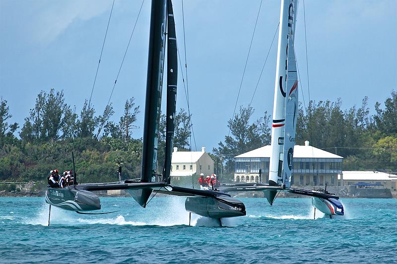 Softbank Team Japan leads Groupama Team France, Race 15, Round Riobin 1 - America's Cup Qualifier - Day 3, May 29, 2017 photo copyright Richard Gladwell taken at  and featuring the AC50 class