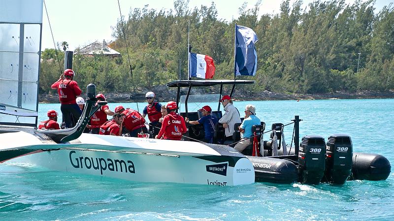 Time for a team talk - Groupama Team France - Race 15 - Round Robin 1 - America's Cup Qualifier - Day 3, May 29, 2017 photo copyright Richard Gladwell taken at  and featuring the AC50 class