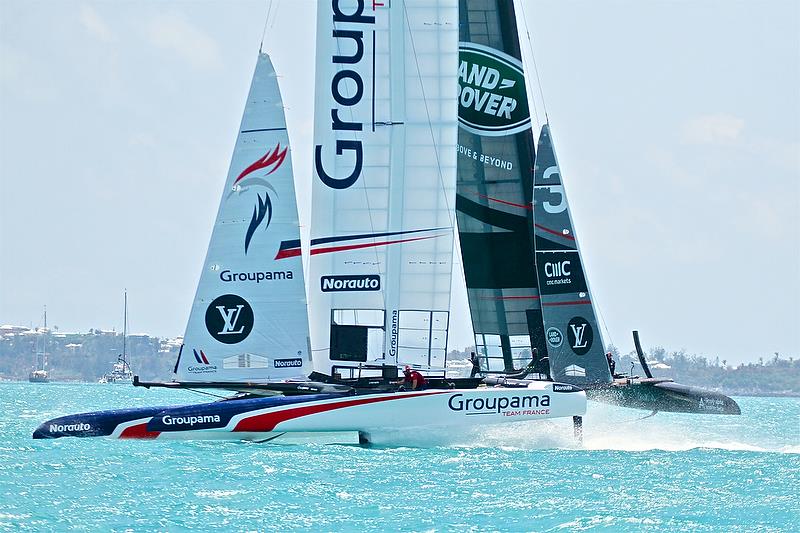Groupama Team France crosses ahead of Land Rover BAR, Leg 4 - America's Cup Qualifier - Day 3, May 29, 2017 photo copyright Richard Gladwell taken at  and featuring the AC50 class