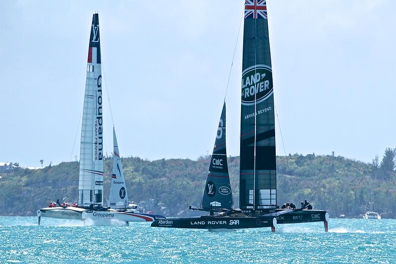 Groupama Team France crosses ahead of Land Rover BAR on Leg 5 - America's Cup Qualifier - Day 3, May 29, 2017 photo copyright Richard Gladwell taken at  and featuring the AC50 class