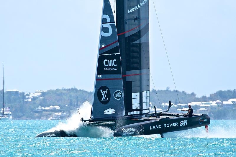 Land Rover BAR digs in at the start of what should have been a regulation foiling gybe - America's Cup Qualifier - Day 3, May 29, 2017 photo copyright Richard Gladwell taken at  and featuring the AC50 class