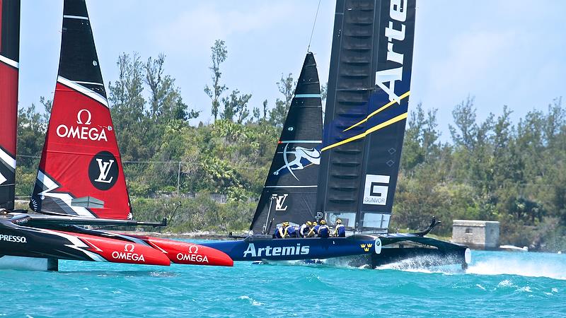 Artemis Racing and Emirates Team NZ - warm up for their start - America's Cup Qualifier - Day 3, May 29, 2017 - photo © Richard Gladwell