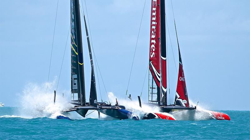 Artemis racing and Emirates Team NZ apply the handbrakes before the start of Race 14 - America's Cup Qualifier - Day 3, May 29, 2017 photo copyright Richard Gladwell taken at  and featuring the AC50 class
