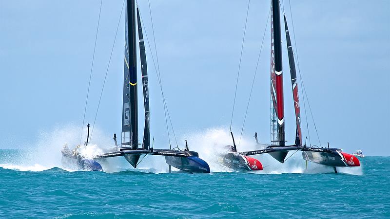 Artemis Racing and Emirates Team NZ before the start of Race 14 - America's Cup Qualifier - Day 3, May 29, 2017 photo copyright Richard Gladwell taken at  and featuring the AC50 class