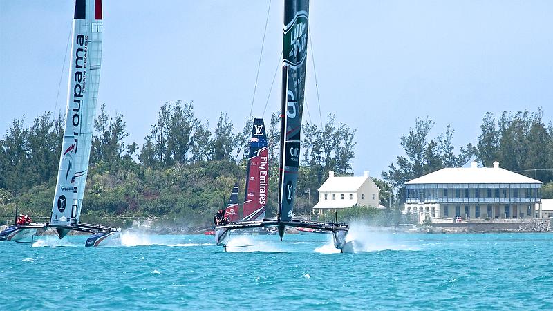 Groupama Team France and Land Rover BAR at the start of race 13, Round Robin 1, America's Cup Qualifier - Day 3, May 29, 2017 photo copyright Richard Gladwell taken at  and featuring the AC50 class