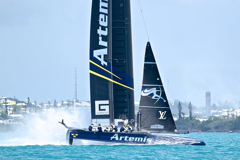 Artemis Racing drops off the foils - Race 14 - America's Cup Qualifier - Day 3, May 29, 2017 photo copyright Richard Gladwell taken at  and featuring the AC50 class