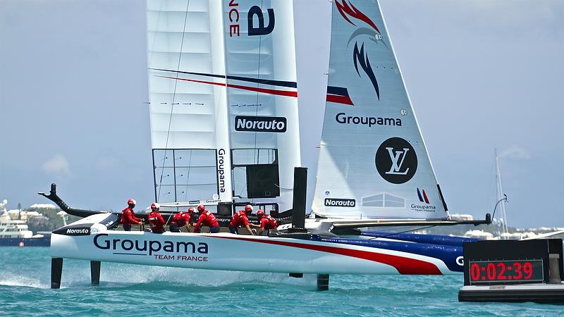 Groupama Team France head back up the track for their second race of the day - America's Cup Qualifier - Day 3, May 29, 2017 photo copyright Richard Gladwell taken at  and featuring the AC50 class
