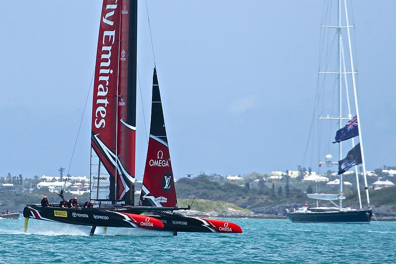 Emirates Team New Zealand on Leg 3 with Team Principal Matteo de Nora's `Imagine ` in the background - Race 14 - America's Cup Qualifier - Day 3, May 29, 2017 photo copyright Richard Gladwell taken at  and featuring the AC50 class
