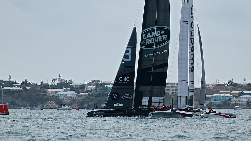 Land Rover BAR cross ahead of Groupama Team France - Race 7 - Round Robin2, America's Cup Qualifier - Day 6, June 1, 2017 (ADT) photo copyright Richard Gladwell taken at  and featuring the AC50 class