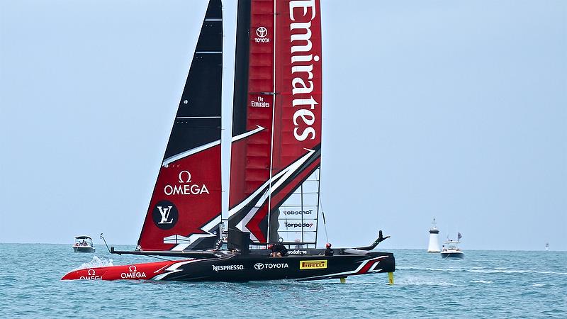 Even Team NZ drops off her foils during a foiling tack on Leg 3, Race 5 - Round Robin2, America's Cup Qualifier - Day 6, June 1, 2017 (ADT) photo copyright Richard Gladwell taken at  and featuring the AC50 class
