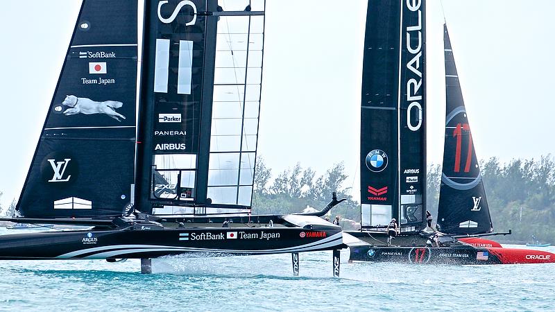 Softbank Team Japan on Leg 5, while Oracle Team USA is still on Leg 4, Round Robin2, America's Cup Qualifier - Day 6, June 1, 2017 (ADT) photo copyright Richard Gladwell taken at  and featuring the AC50 class