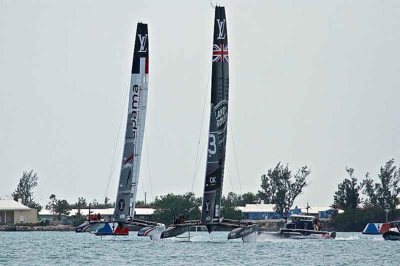 Land Rover BAR and Goupama Team France at the start of their Match - Race 7 - Round Robin 2, Day 6 - 35th America's Cup - Bermuda June 1, 2017 photo copyright Richard Gladwell taken at  and featuring the AC50 class