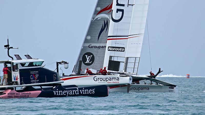 Groupama Team France and TV camera boat - Race Round Robin2, America's Cup Qualifier - Day 6, June 1, 2017 (ADT) photo copyright Richard Gladwell taken at  and featuring the AC50 class