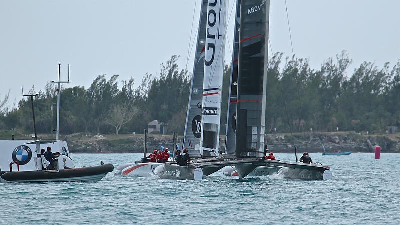 Groupama Team France leads Land Rover BAR Race 7 - Round Robin2, America's Cup Qualifier - Day 6, June 1, 2017 (ADT) photo copyright Richard Gladwell taken at  and featuring the AC50 class
