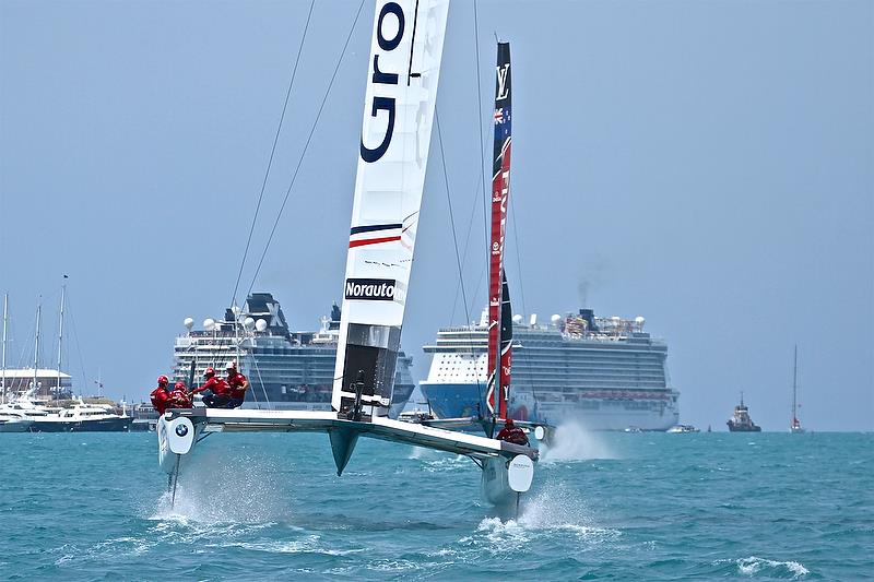 A fruitless chase - Groupama Team France and Emirates Team New Zealand - Race 10, Leg 2 - Round Robin2, America's Cup Qualifier - Day 7, June 2, 2017 (ADT) photo copyright Richard Gladwell taken at  and featuring the AC50 class