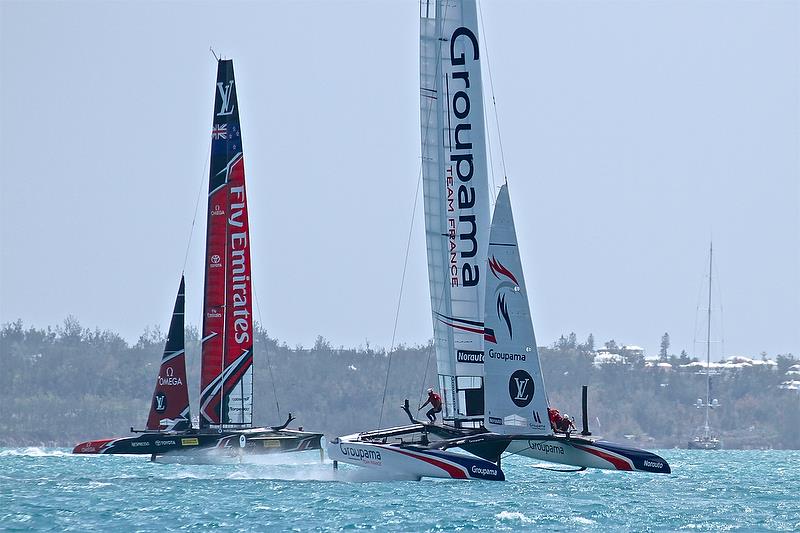 Emirates Team New Zealand on Leg 5, Groupama Team France yet to gybe and round on Leg 4 - Race 10, Round Robin2, America's Cup Qualifier - Day 7, June 2, 2017 (ADT) photo copyright Richard Gladwell taken at  and featuring the AC50 class