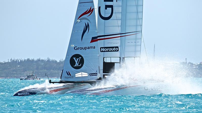 Groupama Team France comes off the foils at speed - Leg 4, race 10 - Round Robin2, America's Cup Qualifier - Day 7, June 2, 2017 (ADT) photo copyright Richard Gladwell taken at  and featuring the AC50 class