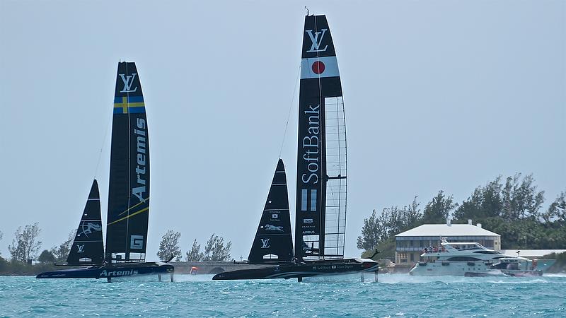 Artemis Racing leads Softbank Team Japan - Leg 3 - Race 11 - Round Robin2, America's Cup Qualifier - Day 7, June 2, 2017 (ADT) photo copyright Richard Gladwell taken at  and featuring the AC50 class